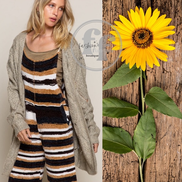 POL Striped One Piece Wide Leg Tie Strap Pocket Sweater Onesie Jumpsuit Overalls - Picture 6 of 6